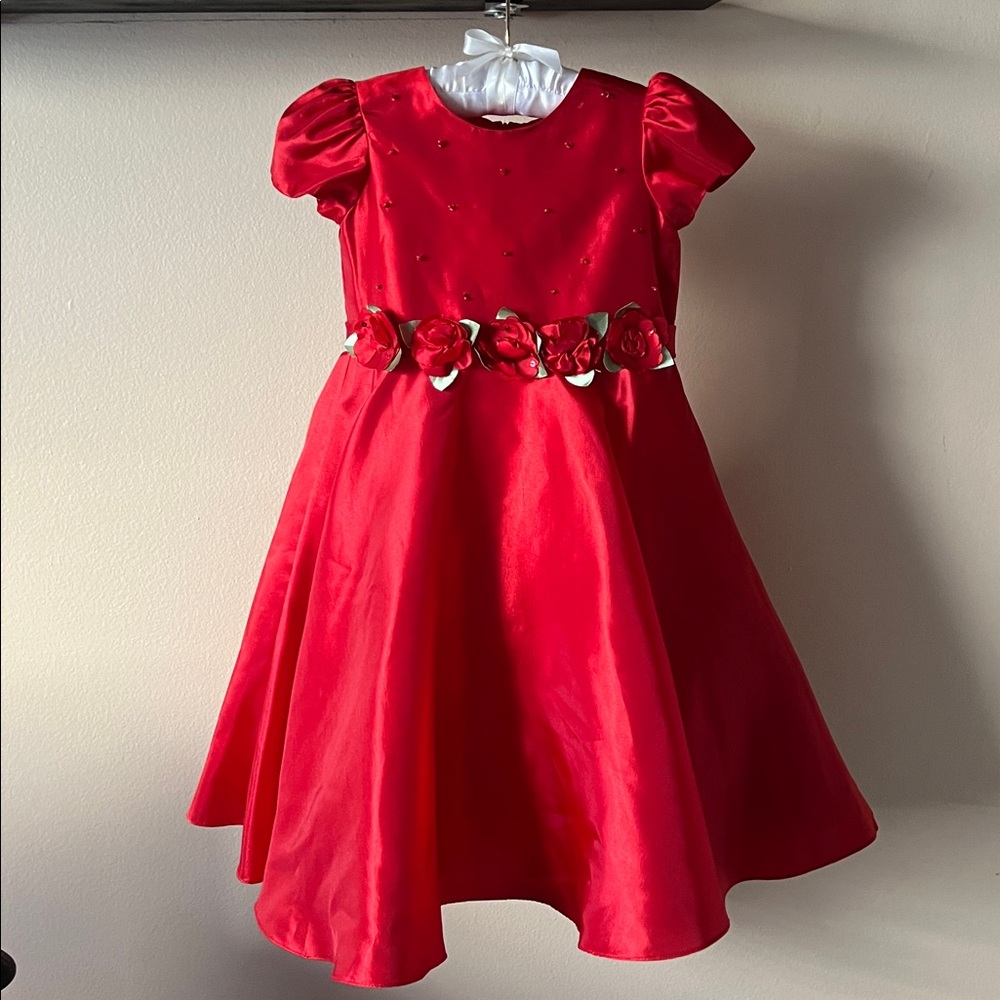 Elegant Red Dress with Floral Belt